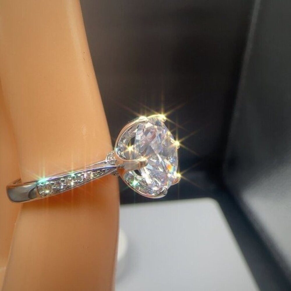 Simulated Diamond Engagement Ring Round Cut Pave Band Silver Tone - Picture 5 of 9